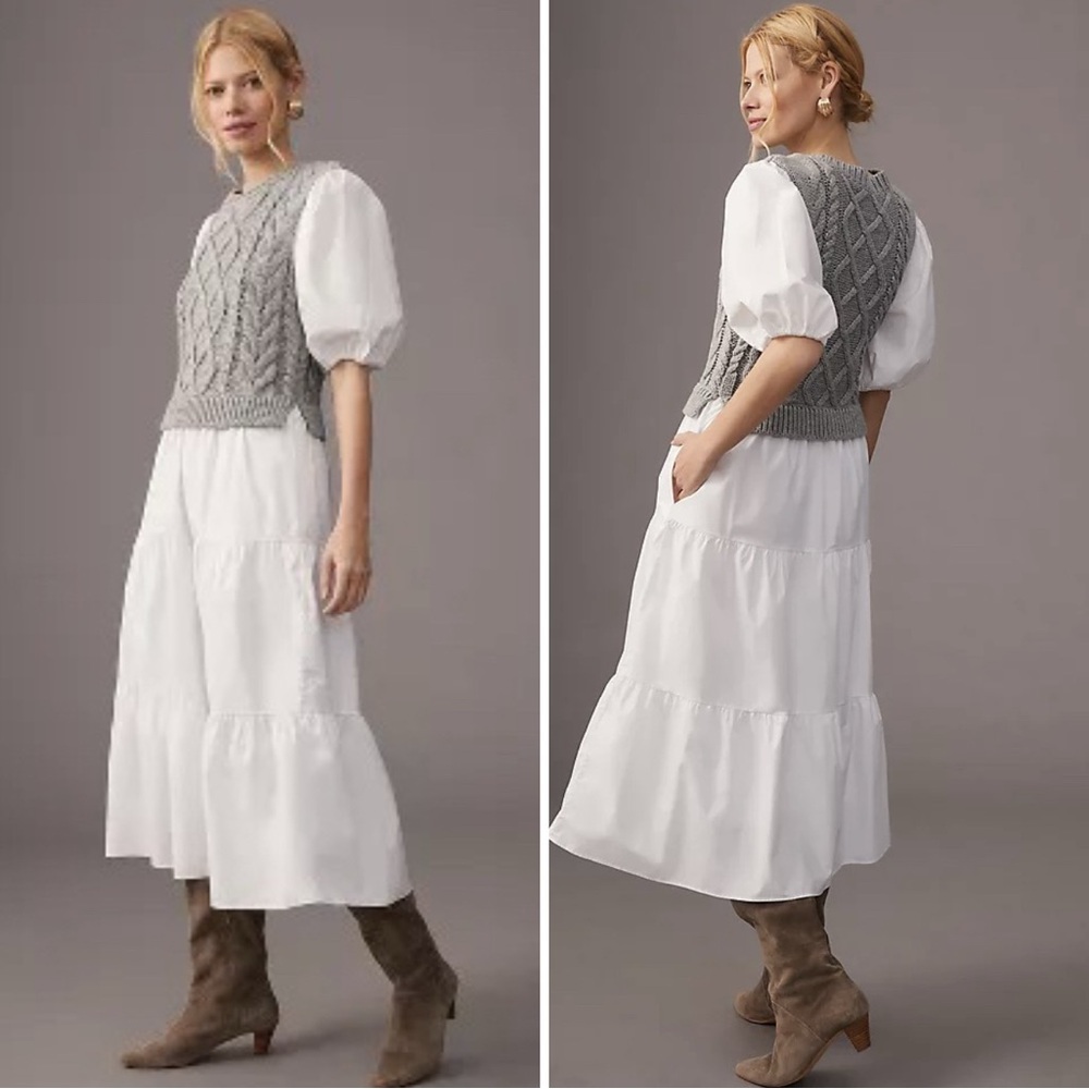 English Factory Gray Knit and White Midi Dress